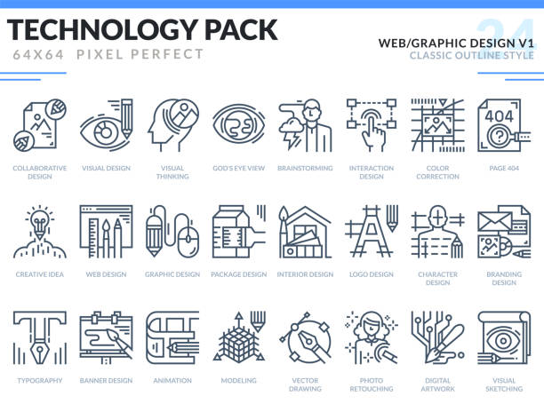 illustrations, cliparts, dessins animés et icônes de web et design graphique icons set. technologie contour pack d’icônes. pixel parfait fine ligne icônes vectorielles pour application de web design et site web. - interior designer