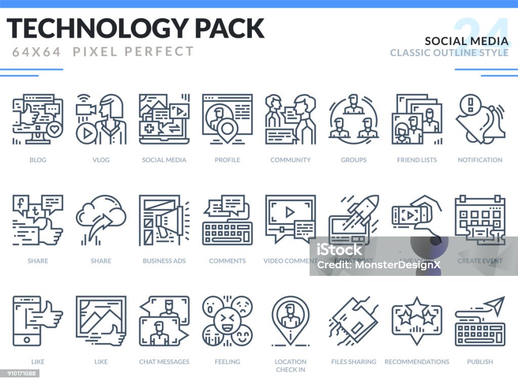 Social Media Icons Set. Technology outline icons pack. Pixel perfect thin line vector icons for web design and website application. Social Media Icon stock vector
