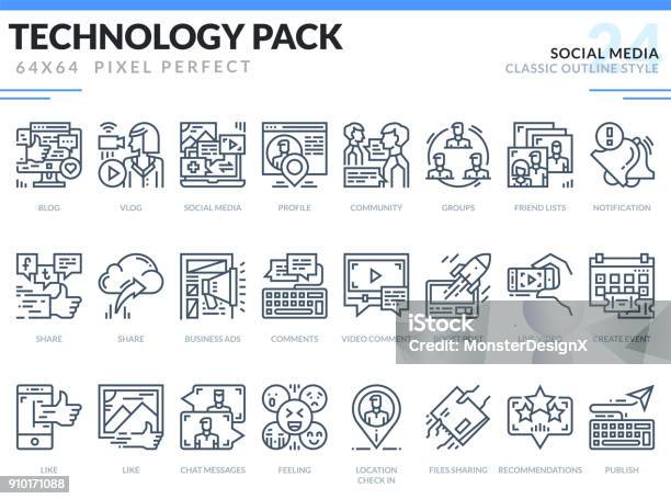 Social Media Icons Set Technology Outline Icons Pack Pixel Perfect Thin Line Vector Icons For Web Design And Website Application Stock Illustration - Download Image Now