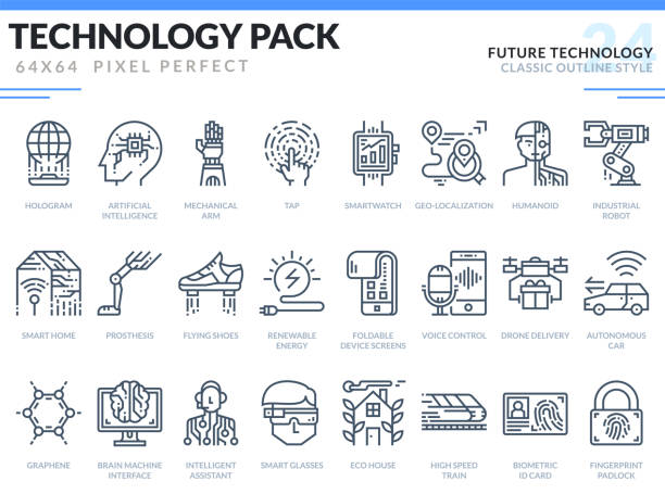 Future Technology Icons Set. Technology outline icons pack. Pixel perfect thin line vector icons for web design and website application. Future Technology Icons Set. Technology outline icons pack. Pixel perfect thin line vector icons for web design and website application. drone symbols stock illustrations