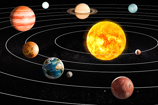 Planets of the solar system, 3D rendering. The sources of the maps - https://svs.gsfc.nasa.gov/3615 and https://www.nasa.gov/sites/default/files/20140228_eclipse.jpg