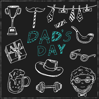 Father day Hand drawn doodle set. Vector illustration. Isolated elements on blackboard background. Symbol collection.