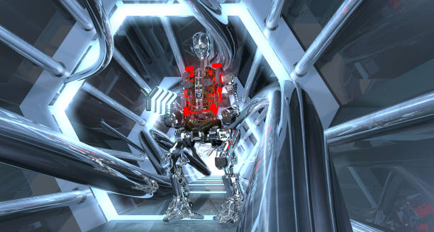 istock Warrior Robot in The Spaceship Corridor 910188344