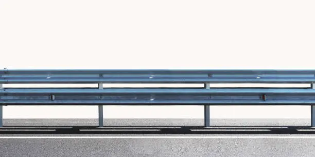 Barrier, designed to prevent the exit of the vehicle from the curb or bridge, moving across the dividing strip. Guarding rail panorama isolated on white background