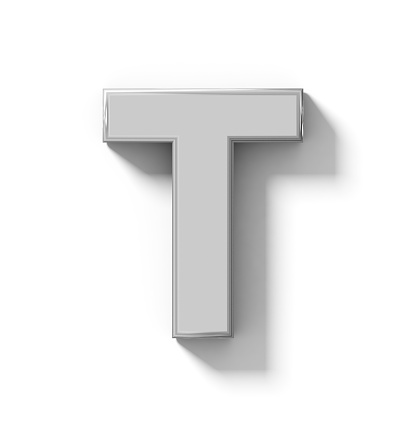 letter T 3D silver isolated on white with shadow - orthogonal projection - 3d rendering