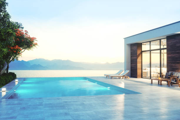 modern minimalist villa - swimming pool luxury mansion holiday villa imagens e fotografias de stock