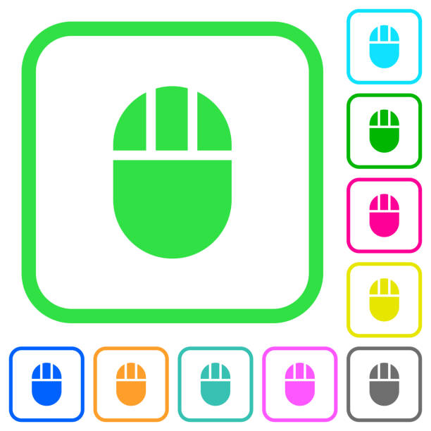 Three buttoned computer mouse vivid colored flat icons Three buttoned computer mouse vivid colored flat icons in curved borders on white background infra shape stock illustrations