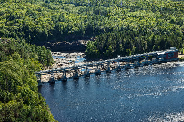 Hydroelectric dam, aerial view from the observation tower in Shawinigan city, Quebec, Canada.