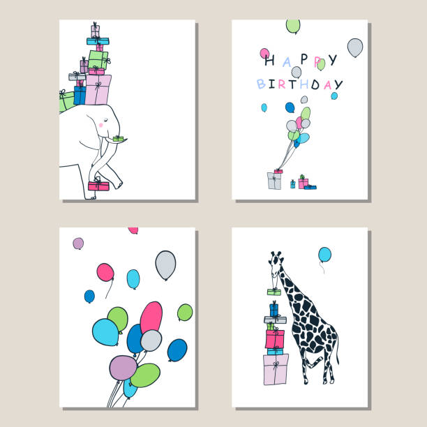 zestaw kartek okolicznościowych z żyrafą, słoniem, prezentami i balonami. - party hat hat white background blue stock illustrations