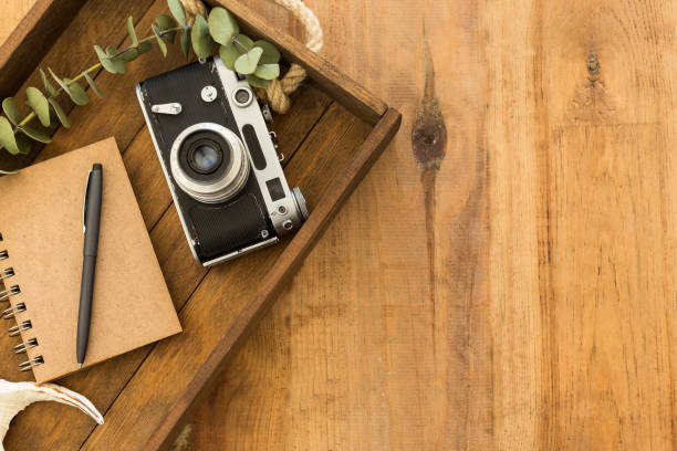 istock Flat lay with notepad, black pen and vintage camera 910204242