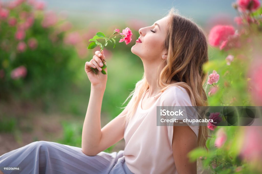 Beautiful young girl is wearing casual clothes having rest in a garden with pink blossom roses Portrait of beautiful pretty woman with makeup is walking near roses in blossom pink garden Women Stock Photo