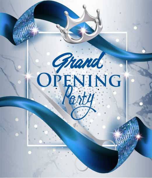 Elegant Grand Opening Invitation Card With Blue Textured Curled Blue Ribbon  And Marble Background Vector Illustration Stock Illustration - Download  Image Now - iStock