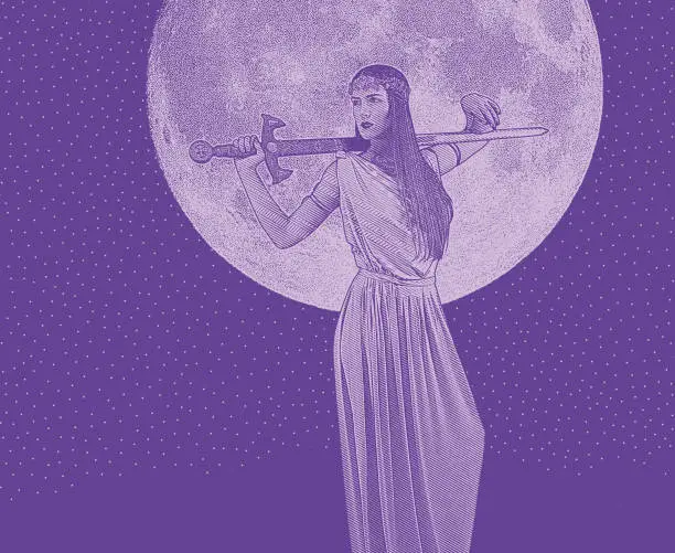 Vector illustration of Ultra Violet engraving of a strong, independent woman holding sword and framed by full moon