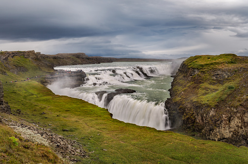 Panorama Picture of the big gulfoss waterfall in iceland. Dramatic sky.Longtime exposure.