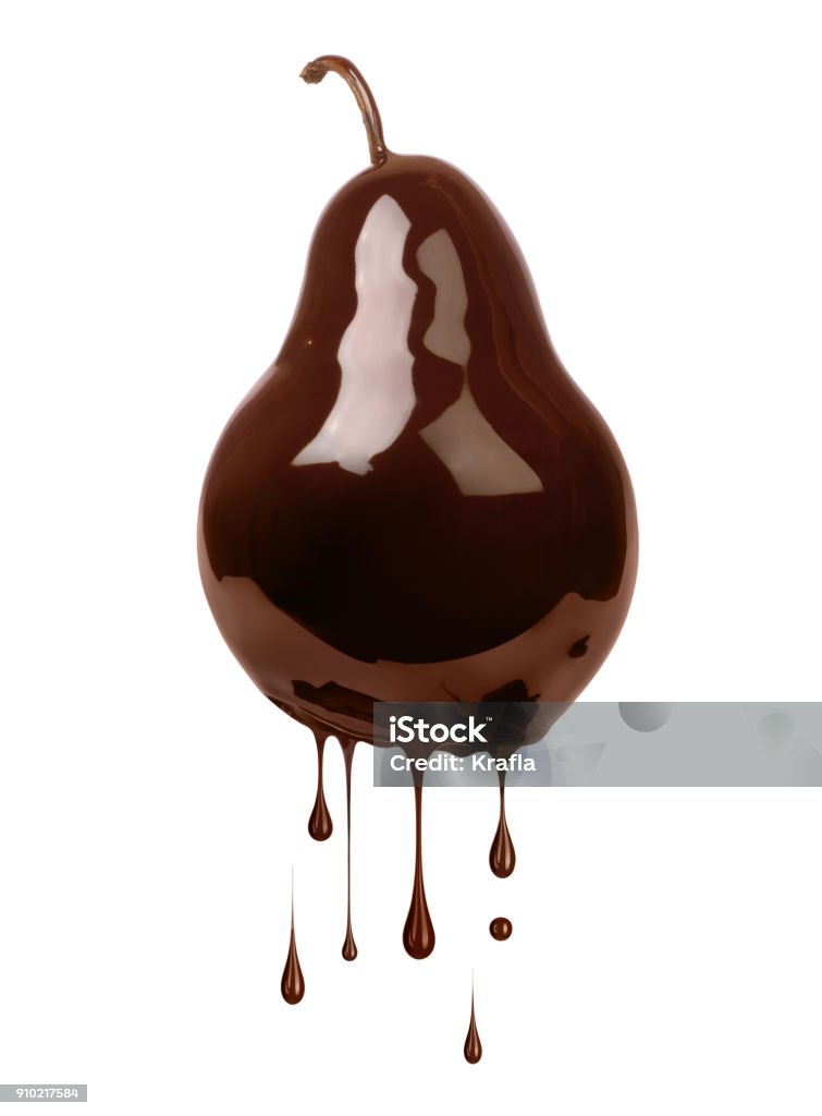 Pear poured with chocolate isolated on white background Chocolate Stock Photo