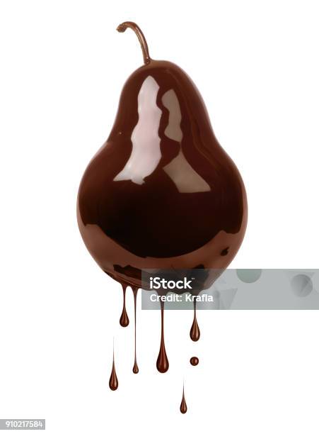 Pear Poured With Chocolate Isolated On White Background Stock Photo - Download Image Now