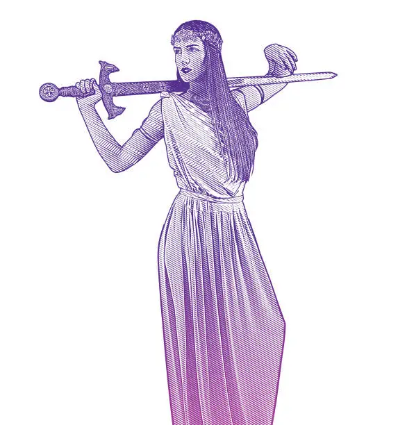 Vector illustration of Ultra Violet engraving of a strong, independent woman holding sword and wearing classical Grecian dress