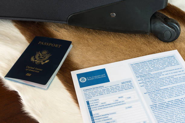 istock US Customs Declaration Form and US Passport on Springbok hide rug 910219138