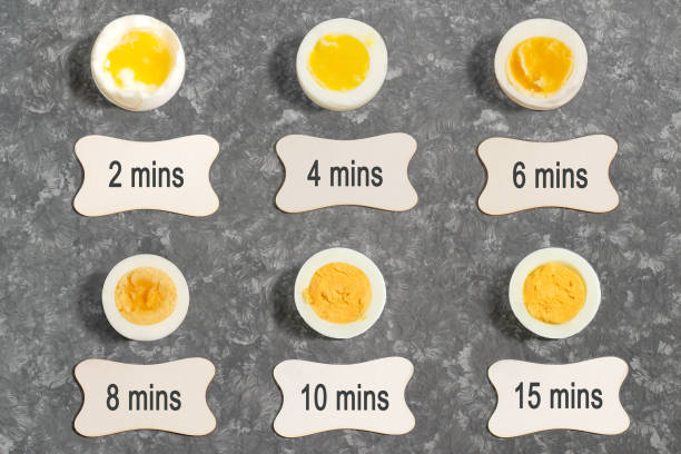 Cooking time and degree of readiness of boiled eggs Cooking time and degree of readiness of boiled eggs. Boiled eggs in cut and label with time. Flat lay, top view boiled egg photos stock pictures, royalty-free photos & images