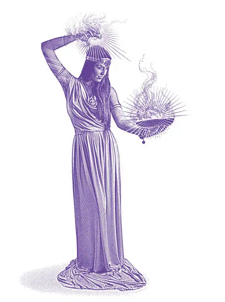 Vector illustration of Ultra Violet engraving of a beautiful female wizard casting spell