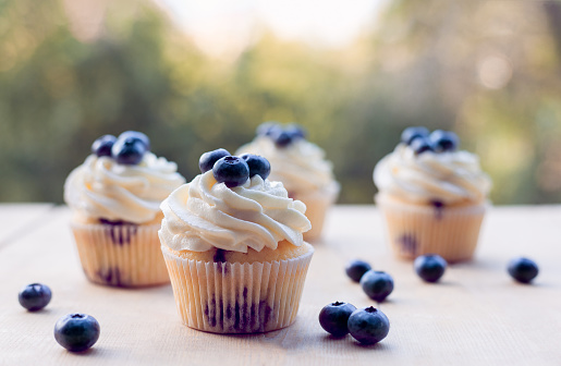 Lemon blueberry cupcakes with sweet and zingy cream cheese frosting topped with fresh blueberries, captured on a wooden table one sunny day.