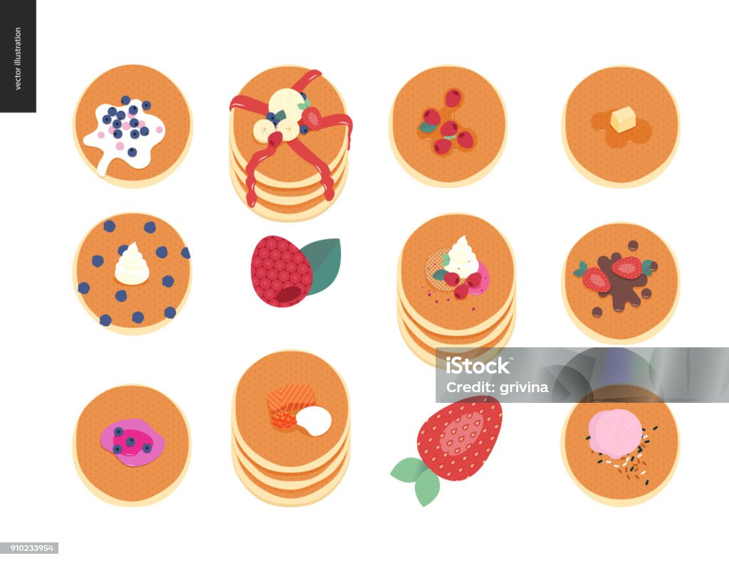 Set of pancakes Set of various pancakes with berries, toppings and red fish Pancake stock vector