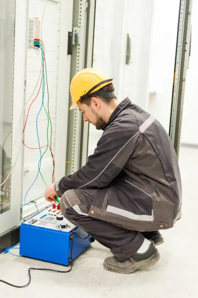 Electrician engineer tests system with relay test set equipment. Relay and protection testing