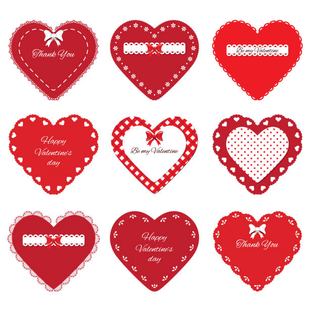 Decorative cut out hearts set isolated on white. Valentines day stickers. Decorative cut out red hearts set isolated on white. doily stock illustrations