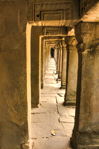 Angkor Prohm Khmer ancient Buddhist temple in jungle forest. Famous stock photo