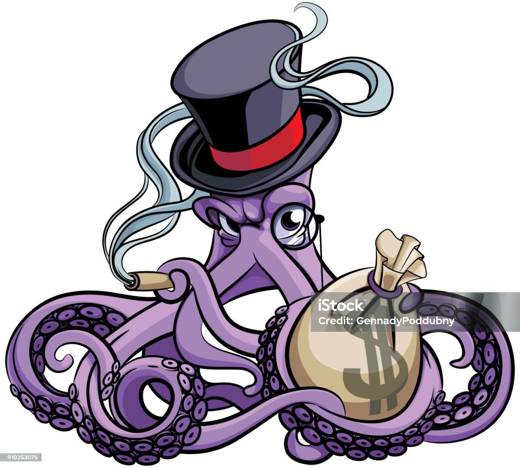 Octopus the Millionaire Vector colourful illustration of octopus smoking cigar in vintage Victorian top hat with monocle and bag with money in his tentacles, isolated on white background. File doesn't contains gradients, blends, transparency and strokes or other special visual effects. You can open this file with any vector graphics editors. Displeased stock vector