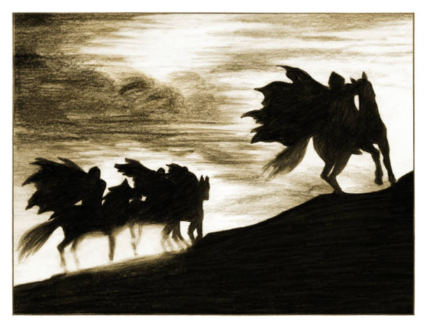 Silhouette of the horsemen. four horsemen of the apocalypse. Sketch illustration Medieval knights. Fairytale illustration jockey stock illustrations
