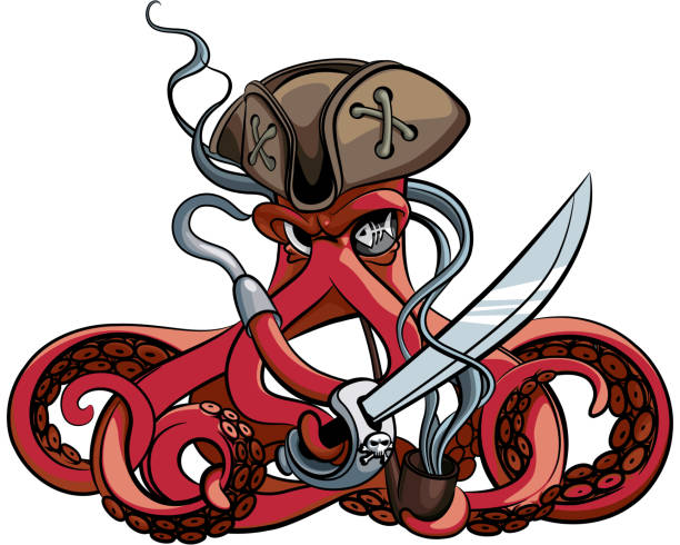 Octopus the Pirate Vector colourful illustration of one-eyed octopus in the tricorn with saber and tobacco pipe in his tentacles, isolated on white background. File doesn't contains gradients, blends, transparency and strokes or other special visual effects. You can open this file with any vector graphics editors. caricature portrait board stock illustrations