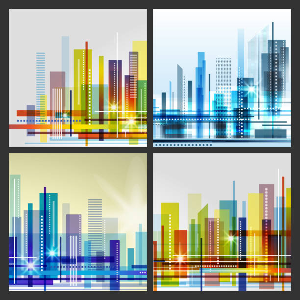Modern city abstract background design with geometric shapes. Conceptual vector illustration. Modern night city skyline, vector illustration new york city skyline new york state night stock illustrations