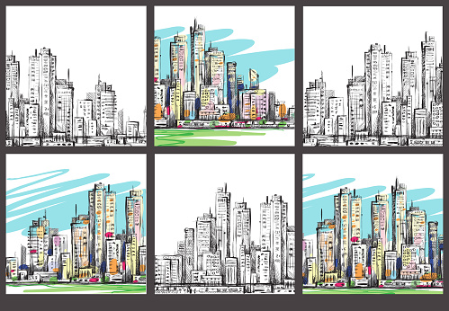City skyline panorama, hand drawn cityscape, vector drawing architecture illustration