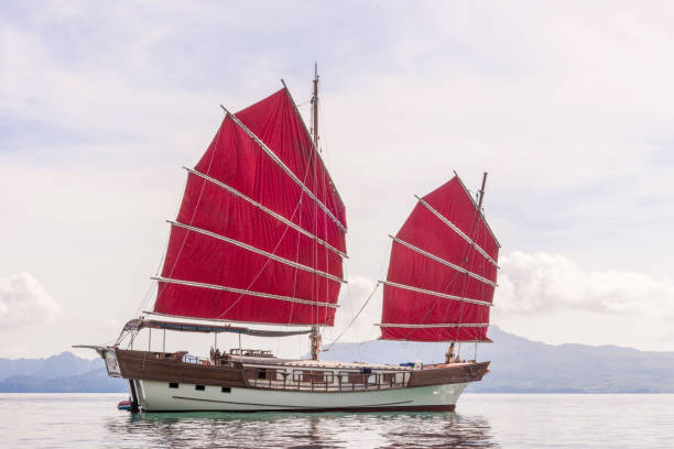 산의 배경으로 바다에서 붉은 돛 본격적인 요트 - backdrop old fashioned outdoors yacht 뉴스 사진 이미지