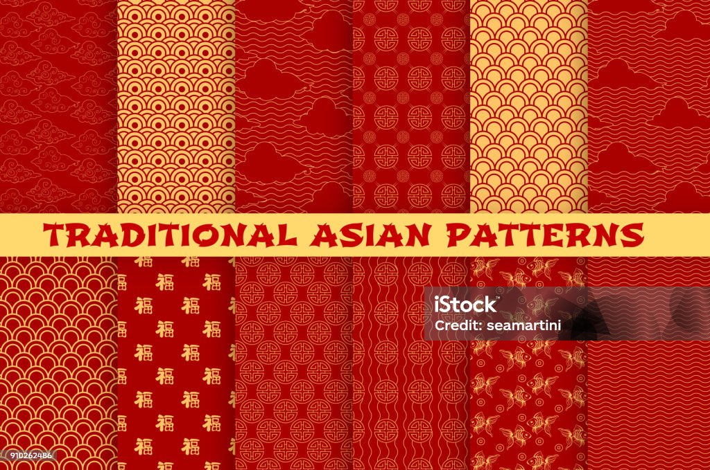 Asian seamless pattern of oriental golden ornament Asian seamless pattern set with oriental traditional ornament. Chinese and japanese golden pattern of hieroglyph, cloud, gold fish and lucky coin on red background for wallpaper or textile design Pattern stock vector
