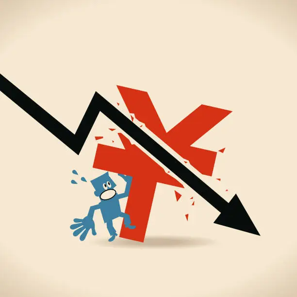 Vector illustration of Recession, falling black arrow crashed Chinese currency sign (Yuan, Ren Min Bi, RMB, China Yuan, CNY), businessman got a shock