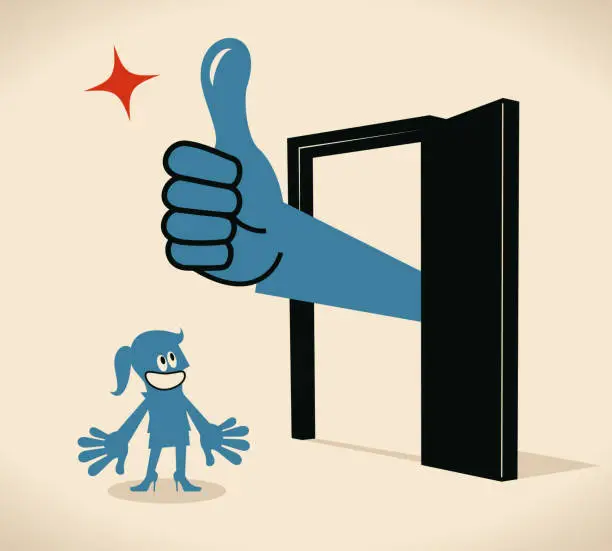 Vector illustration of Businesswoman standing in front of a door, big hand out from the door with thumbs up gesture