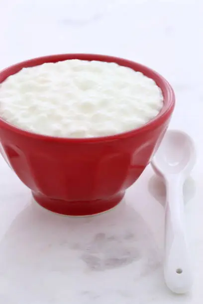 Delicious, nutritious and healthy fresh cottage cheese on vintage carrara marble setting.