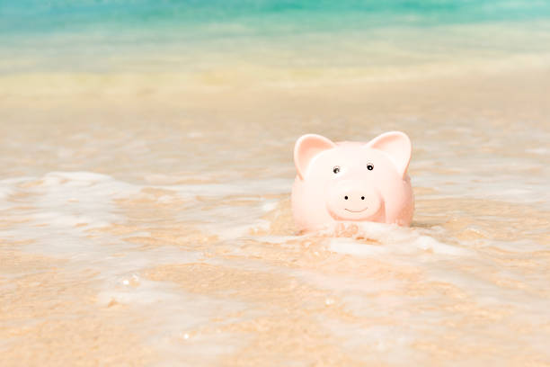 istock Piggy Bank on Sea Water with Copy Space 910275828