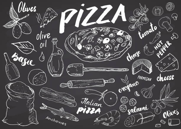 Pizza menu hand drawn sketch set. Pizza preparation design template with cheese, olives, salami, mushrooms, tomatoes, flour and other ingredients. vector illustration on chalkboard background Pizza menu hand drawn sketch set. Pizza preparation design template with cheese, olives, salami, mushrooms, tomatoes, flour and other ingredients. vector illustration on chalkboard background. pizza cutter stock illustrations