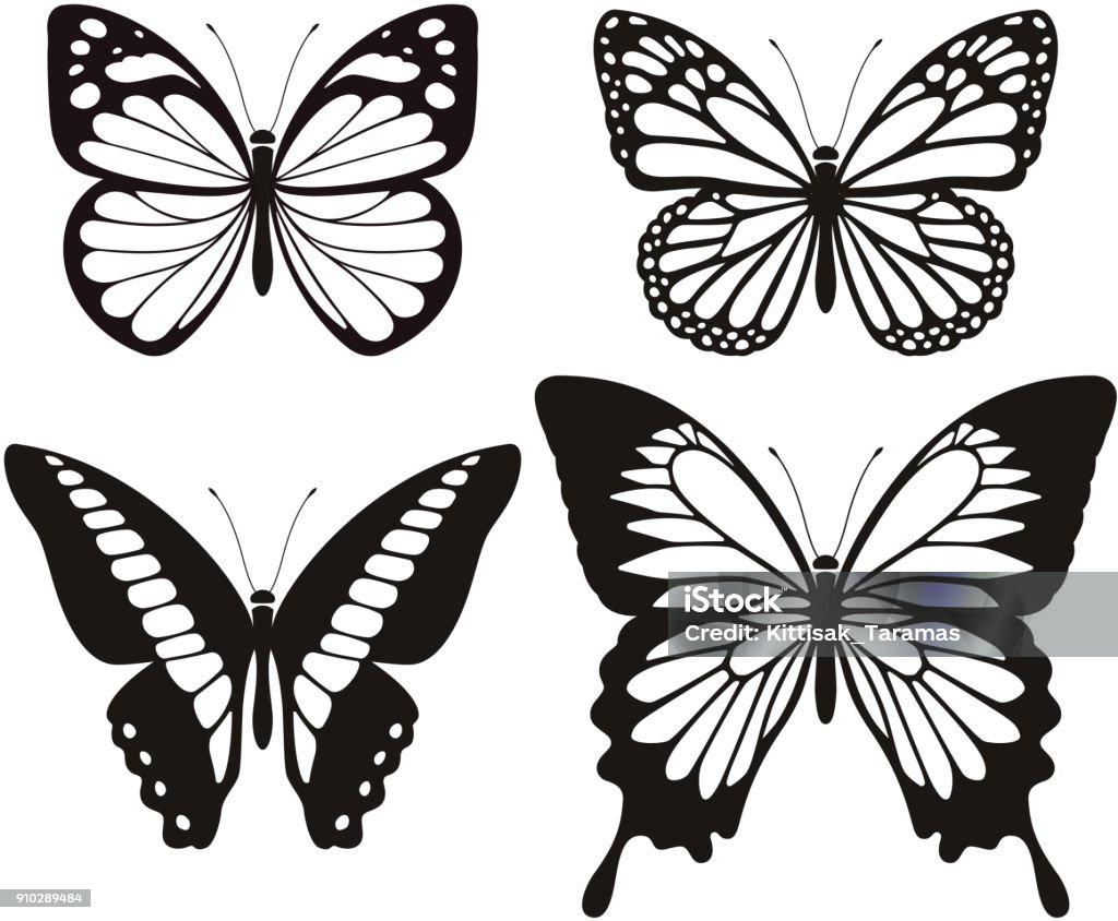 Conjunto de iconos de silueta de la mariposa. - arte vectorial de Mariposa - Lepidópteros libre de derechos