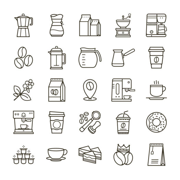 ilustrações, clipart, desenhos animados e ícones de conjunto simples de café relacionados vetor linha de ícones - cup coffee pot coffee coffee cup