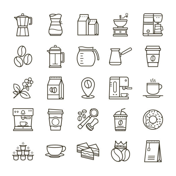 Simple set of Coffee related vector line icons Simple set of Coffee related vector line icons. Collection coffee icons in thin line style. Cafe vector icons. Vector illustration coffee maker stock illustrations