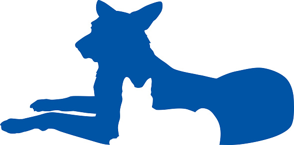 Vector silhouette of a blue dog with a white cat against it.
