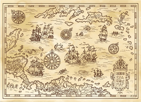 Ancient pirate map of the Caribbean Sea with ships, islands and fantasy creatures