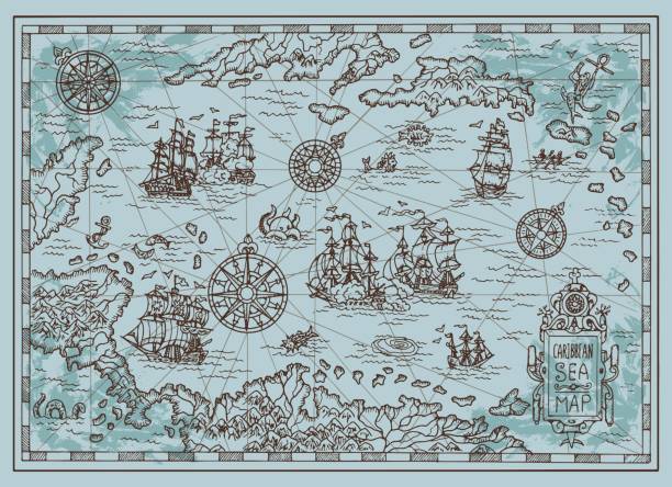 ilustraciones, imágenes clip art, dibujos animados e iconos de stock de antiguo mapa del mar caribe con las naves del pirata, islas del tesoro, criaturas de fantasía - decoupage