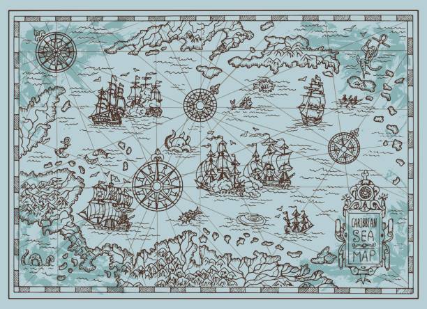 Old map of the Caribbean Sea with pirate ships, treasure islands, fantasy creatures Pirate adventures, treasure hunt and old transportation concept. Hand drawn vector illustration, vintage background decoupage stock illustrations