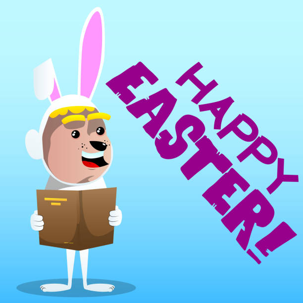 junge gekleidet als osterhase, ein buch zu lesen. - easter rabbit baby rabbit mascot stock-grafiken, -clipart, -cartoons und -symbole