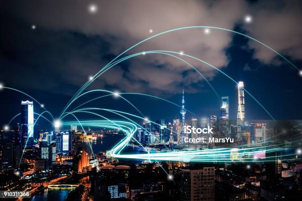 Shanghai City Network Technology Stock Photo - Download Image Now - City, Technology, Connection